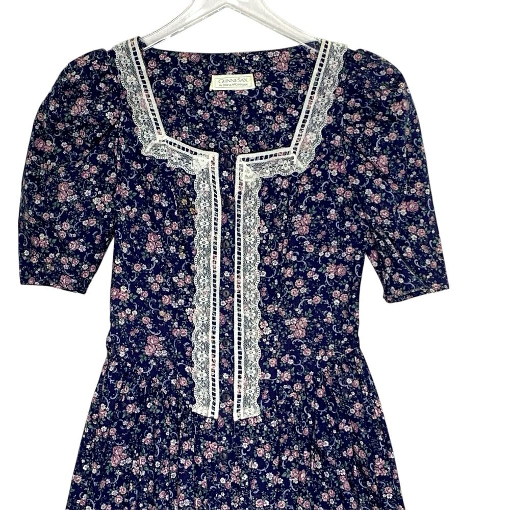 Gunne Sax S Vintage Lace Floral Print Short Sleeve Gunnie Dress Dark Blue *flaw - Picture 4 of 8